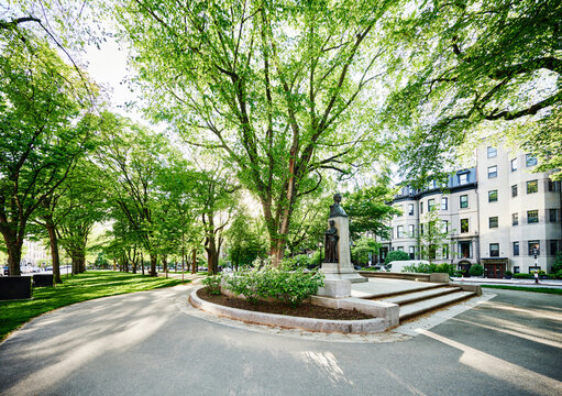 The Statue of Alexander Hamilton by William Rimmer, built in 1865, Commonwealth Avenue Mall in the Back Bay neighborhood of Boston, Massachusetts, New England