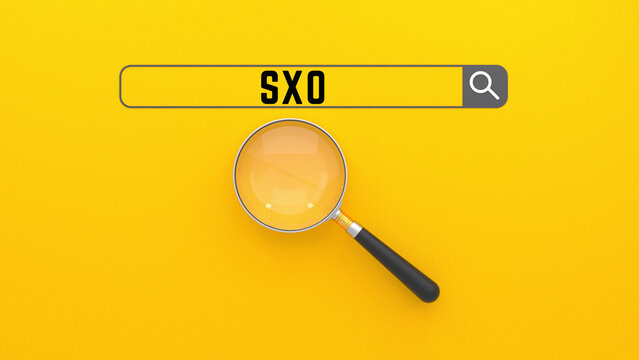Search Experience Optimization SXO in Search Bar with Magnifying Glass on Yellow Background