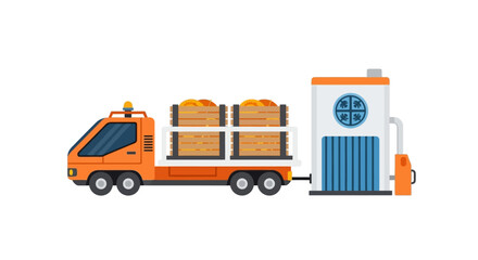 Naklejka premium Flat Vector Illustration of an Orange Delivery Truck Transporting Wooden Crates of Fresh Fruit to a Cold Storage or Processing Unit