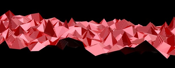 Low poly geometric landscape with striking red and striped patterns against black. © vegefox.com