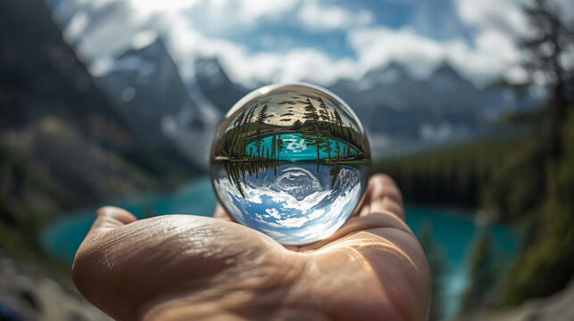 An optical glass crystal ball held in a hand, reflecting an inverted, crystal-clear view of a turquoise alpine lake, evergreen trees, and majestic mountains.