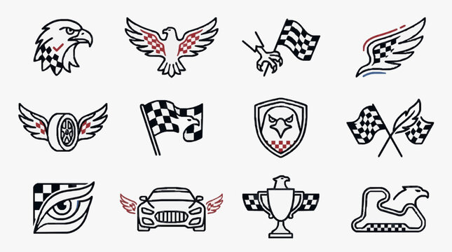 Sleek Racing Emblems and Motorsport Logos Featuring Eagles Wings Checkered Flags and Trophy Designs