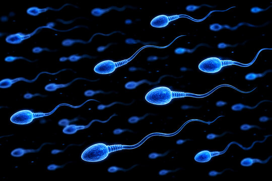 A microscopic 3D render of numerous blue human sperm cells with swimming tails moving across a dark black background.