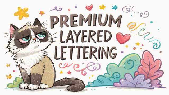 Grumpy cat with layered lettering and floral