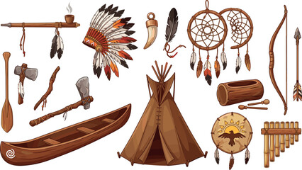 Traditional Native American Cultural Artifact Vector Element Set with Teepee, Headdress, Canoe, Dreamcatcher, Bow and Arrow, and Tribal Ritual Objects © Siddika