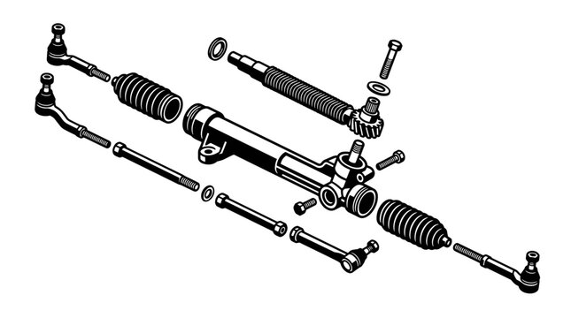 Automotive Steering Rack and Tie Rod Assembly Exploded View.