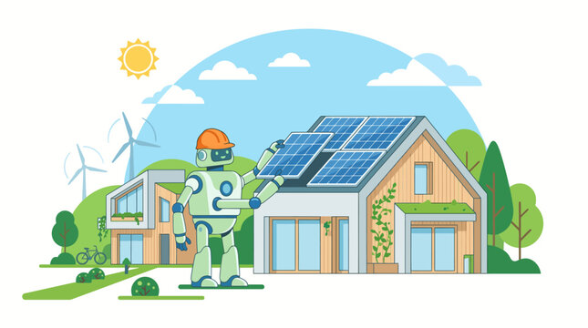 A friendly robot installing solar panels on a modern eco friendly house roof.