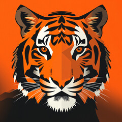 Obraz premium geometric color block animal abstract tiger face stark horizontal vertical bars orange black white constructivist poster bold impact