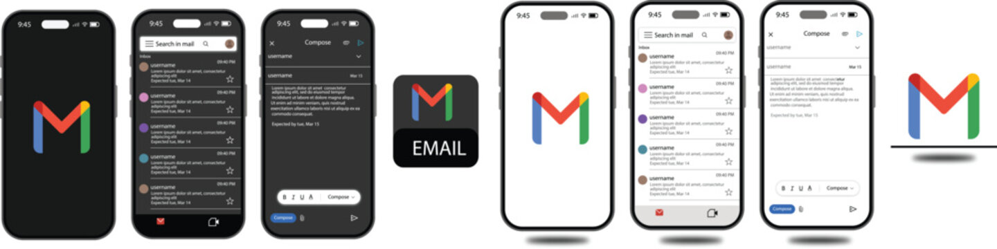Email mobile app interface template vector on iPhone 17 Pro Max with mockups with inbox, email list, message layout, splash screen, light and dark UI mode. mail Mobile App UI Mockup Showing iPhone 
