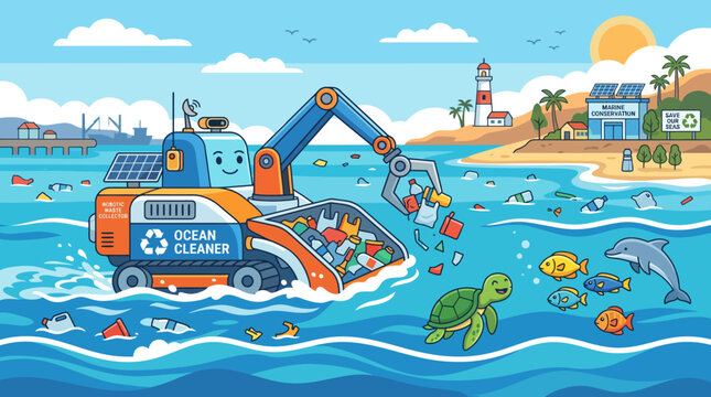 Cartoon illustration of a robotic machine cleaning plastic waste from the ocean near a beach.