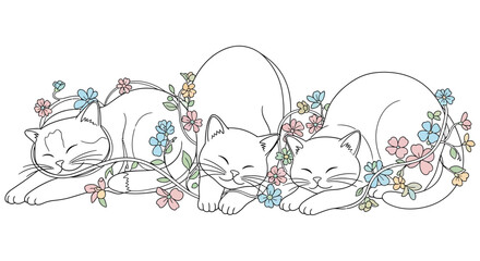 Floral ornament featuring sleeping cats delicate line art illustration felines © JOHIRUL_STUDIO