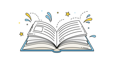 Naklejka premium Open book with magical colorful water splashes and yellow stars rising represents creative education, fantasy reading, and wisdom.