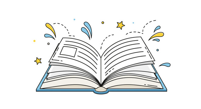 Open book with magical colorful water splashes and yellow stars rising represents creative education, fantasy reading, and wisdom.