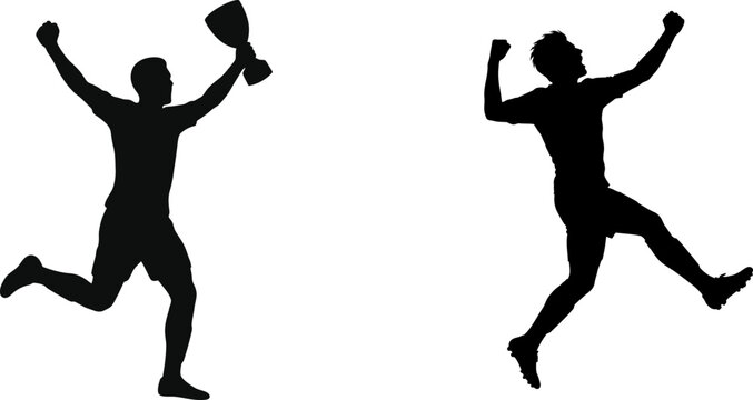 Victory and triumph silhouettes of two men jumping