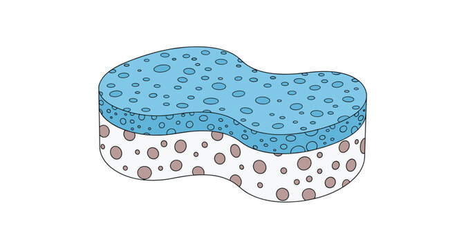 Soft cleaning sponge with a double layer design featuring blue textured top and white spotted bottom on plain background.