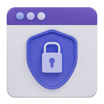 3D rendered browser window icon with a shield and padlock symbol for digital security.