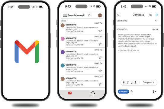 Gmail UI Mockup on iPhone 17 Pro Max with mockups with inbox, email list, message layout, splash screen. compose mail layout, application splash screen, and isolated envelope icon. Vector editorial. G