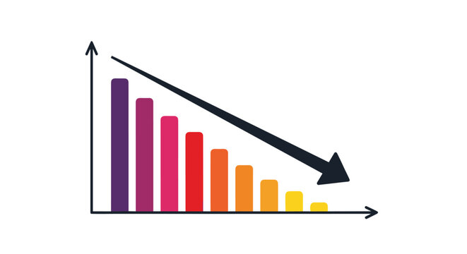 Decreasing bar chart graph showing a strong downward trend with a bold black arrow representing economic loss.