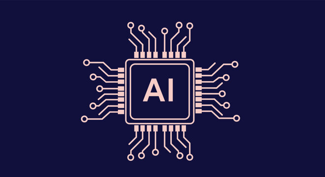 Digital microchip processor icon with text AI in the center representing artificial intelligence development.