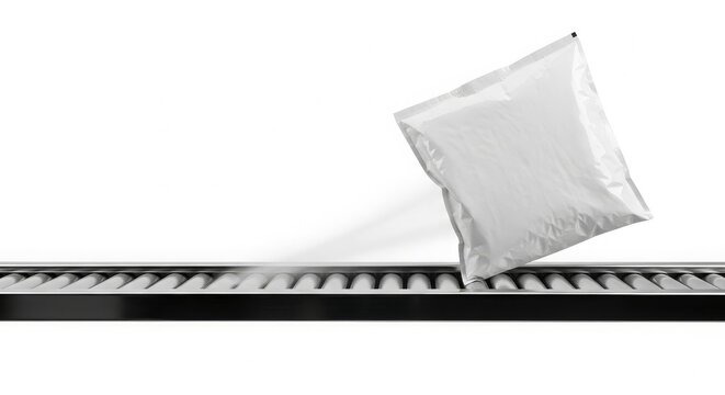 Automated conveyor belt system with a package moving along for delivery and logistics