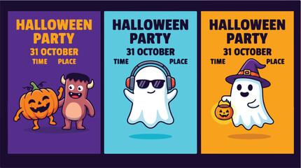 Fototapeta premium Three colorful Halloween party posters featuring cute ghost and monster characters for October celebrations