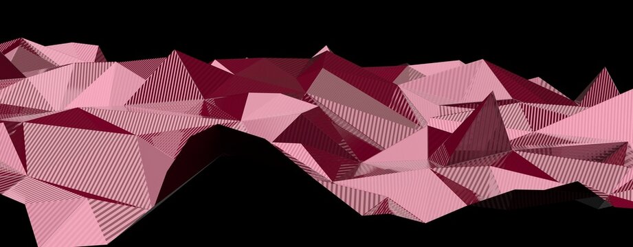 Stylized low-poly terrain with vibrant pink and deep red polygons against black background