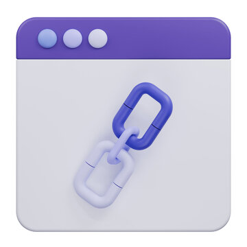 3D rendered icon of a digital hyperlink chain symbol on a browser window.