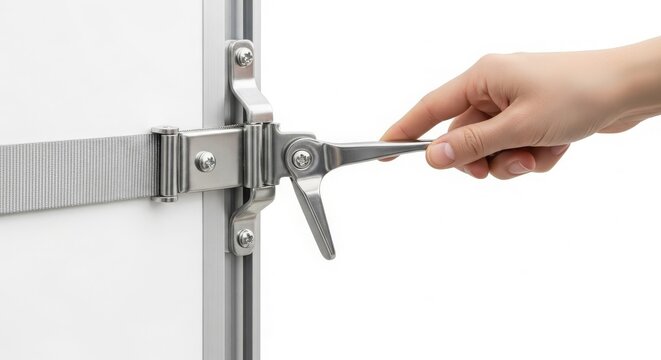 Close-up of a hand operating the latch mechanism on a silver curtain side trailer door