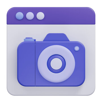3D rendered icon of a digital camera inside a browser window interface.