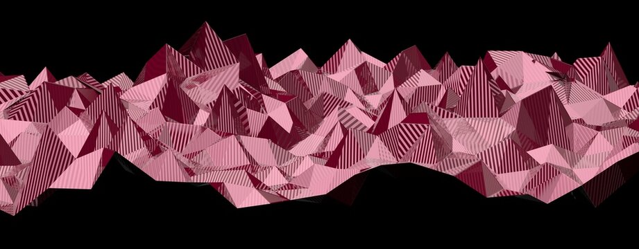 Abstract low poly landscape with pink geometric shapes and striped patterns.