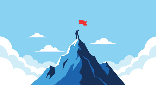 Silhouette of business person standing on top of mountain peak holding red flag representing career success and victory.