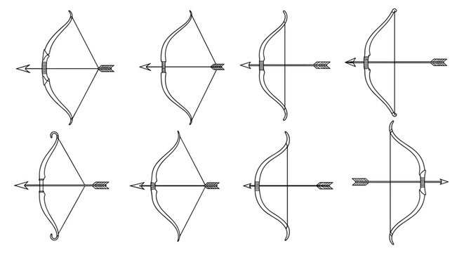 Detailed grid of archer bow and arrow vectors showcasing various design styles and angles of shooting.