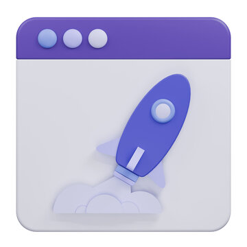3D rendered rocket icon representing startup launch and business growth.