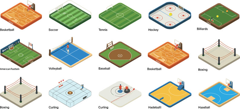 Set of isometric sports field and court illustrations including soccer, basketball, boxing ring, and various recreational game arenas
