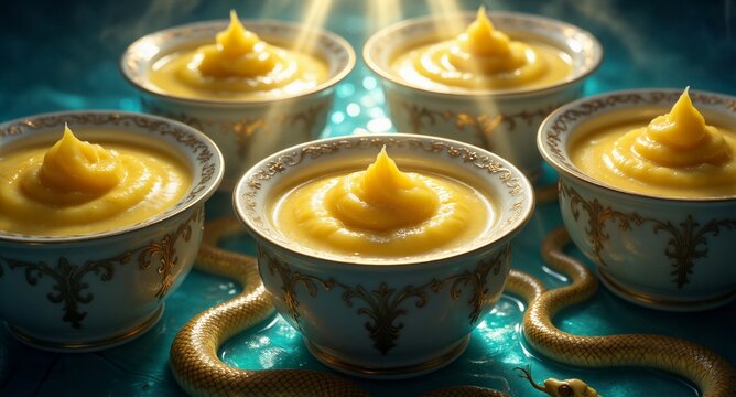 Golden Custard Dessert Bowls with Glowing Light and Snakes