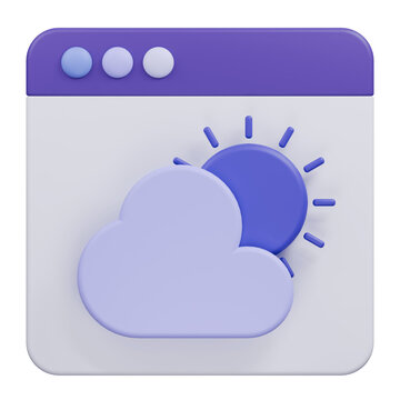 3D rendered weather application interface icon with sun and cloud.