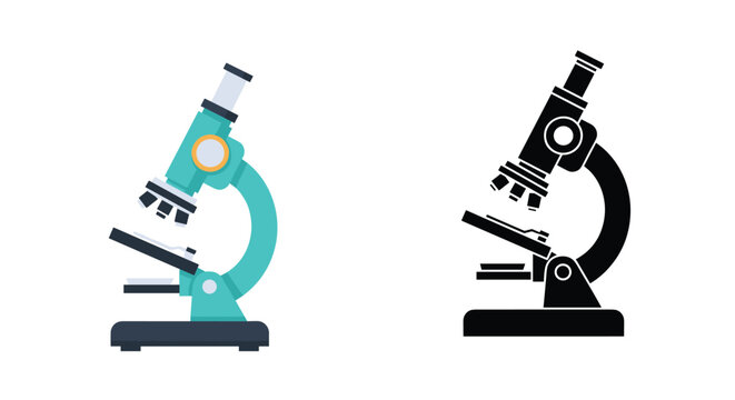 Flat turquoise scientific microscope and its black silhouette icon side by side on white background.