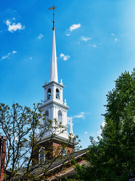 the steeple of the Memorial Church, built in 1932, located in Harvard Yard, Cambridge, Massachusetts, New England
