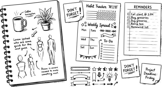 Doodle paper sheet. Hand drawn sketch notebook, bullet journal sheets, sticky note and notepad page. Sketch doodle sheets vector illustration set. Notebook information, reminder message bullet