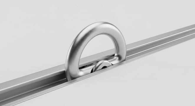 Close-up of a silver semi-circular lashing ring secured to a metal track