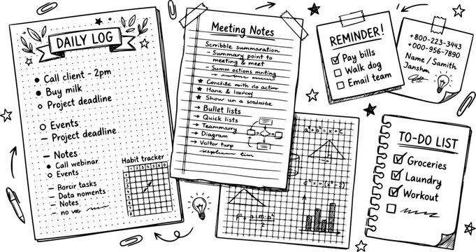 Doodle paper sheet. Hand drawn sketch notebook, bullet journal sheets, sticky note and notepad page. Sketch doodle sheets vector illustration set. Notebook information, reminder message bullet