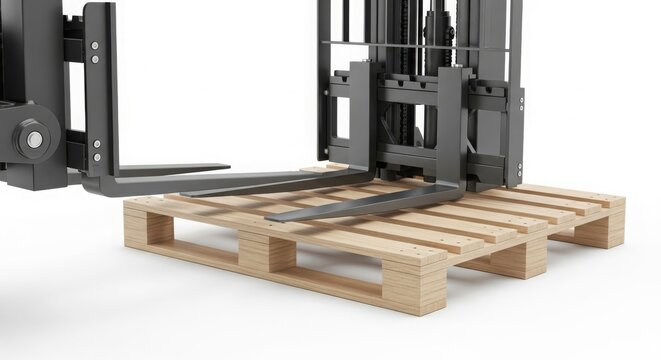 Forklift tines engaging with a wooden pallet, ready for lifting and moving materials in a warehouse