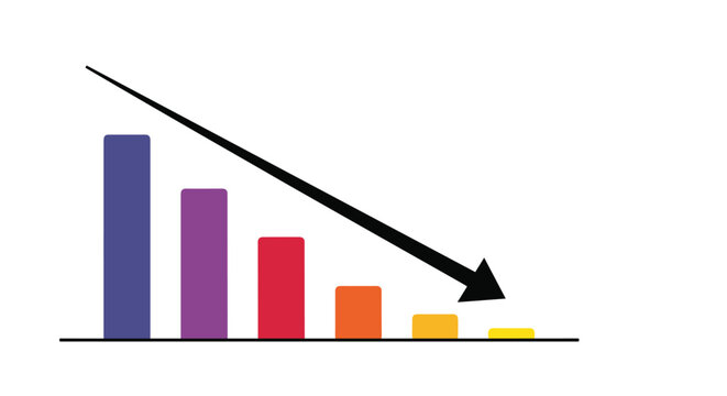 Colorful bar chart showing a downward decline trend with a large black arrow pointing down on white background.