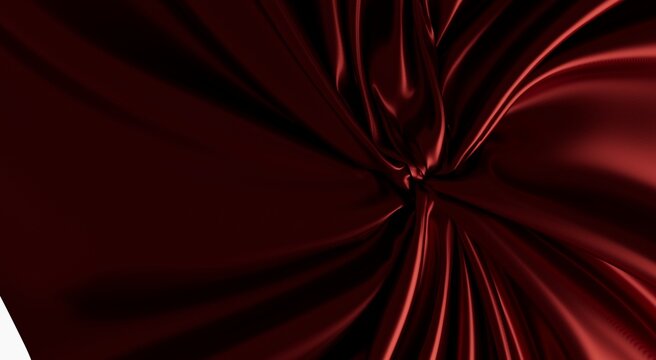 Luxurious dark red satin cloth with flowing drapes and intricate folds, suggesting elegance.