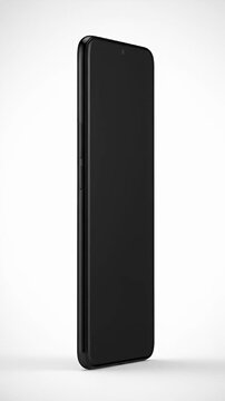 Minimalist black smartphone standing upright on white background.