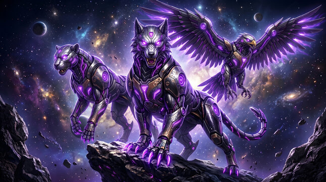 Cybernetic predator trio in deep space, futuristic robotic animals with glowing purple energy circuits, scifi concept art of mechanical wolf panther and eagle in cosmic nebula environment