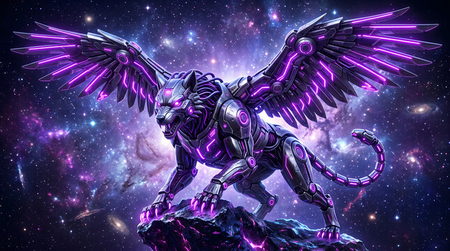 Cybernetic winged wolf creature standing on a rocky asteroid in deep space, futuristic mechanical beast with glowing purple neon lights and metallic armor, scifi fantasy digital art illustration