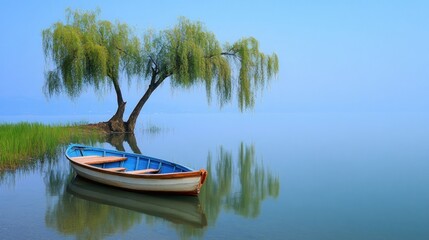Fototapeta premium Serene Willow Tree and Boat on Misty Lake.