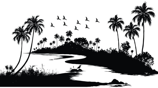 Tropical island river palm trees birds vector with tropical