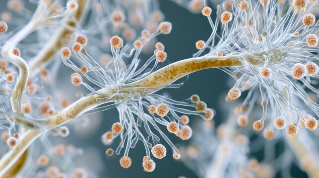 Close view of fungal structures showing growth patterns and reproductive elements under a microscope